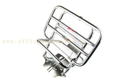 Portapacchi Faco 0228/C posteriore cromato con ribaltina a molla per Vespa 50, Special, Primavera ed ET3, completo di attacchi.