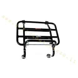 Portapacchi anteriore FACO 0201 in acciaio verniciato nero, con piano ribaltabile, per Vespa classiche con scudo e fissaggi compatibili.