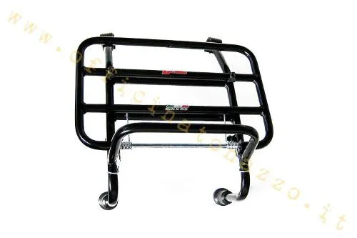 Portapacchi anteriore FACO 0201 in acciaio verniciato nero, con piano ribaltabile, per Vespa classiche con scudo e fissaggi compatibili.