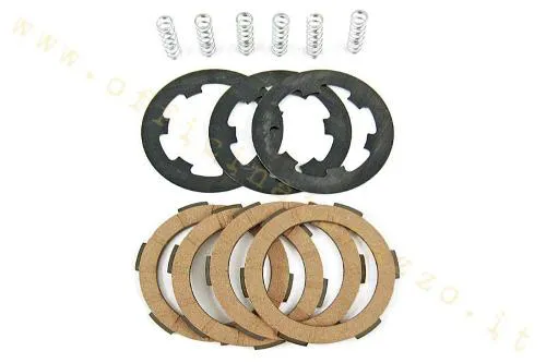 Kit frizione 4 dischi in sughero con intermedi e 6 molle rinforzate per Vespa PK FL, FL2, HP, Rush, N 3 marce e Ape FL2 50.