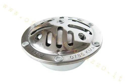 Clacson 6 V CA da 72 mm per Vespa classiche senza batteria, con fissaggio a quattro fori. Verificare tensione, interasse e configurazione elettrica.