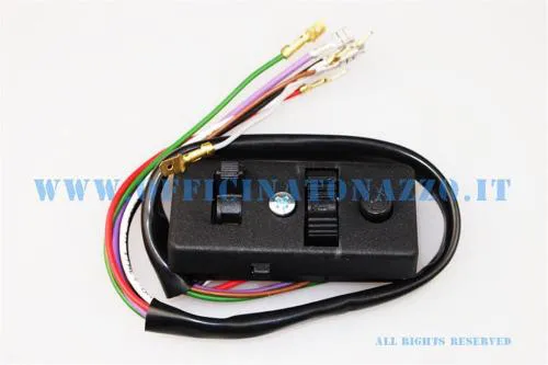 Devioluci nero a 7 fili per Vespa 50 Special con impianto 6 V, contatto di apertura, pulsante clacson rotondo e comando spegnimento.
