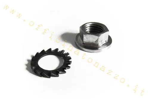 Dado frizione DRT M12x1,5 con esagono da 15 mm, collare e rondella per Vespa PX, PE, Rally, Sprint, T5, Cosa e Largeframe compatibili.