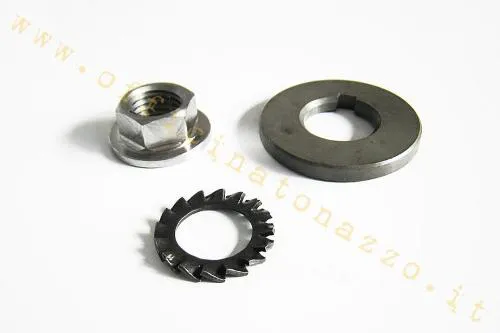 Kit DRT FL.196 con dado, rondella e distanziale maggiorato per frizioni Vespa Largeframe old, PX e T5. Montaggio da verificare con le quote DRT.