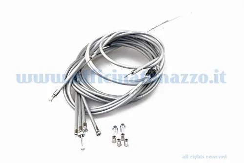 Kit cavi e guaine grigie autolubrificanti per Vespa PX Arcobaleno con freno anteriore meccanico e registro incluso.