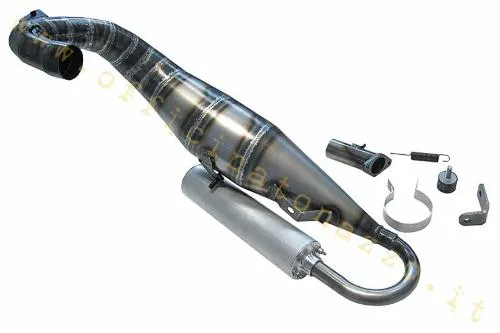 Espansione Quattrini M3XC GTR per Vespa Smallframe e cilindri M1/M1L, con corpo in lamiera da 0,8 mm e silenziatore in alluminio. Uso sportivo.