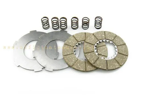 Kit frizione CIF con 2 dischi sughero, 2 intermedi in acciaio e 6 molle per Vespa 98-125 V1T-V15T e V30T-V33T.