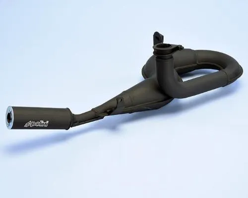 Espansione Polini Racing 200.2019/S per Vespa PX 125-150, con silenziatore nero in alluminio e fondello smontabile per sostituire il fonoassorbente.