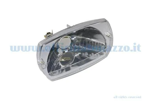 Gruppo ottico alogeno Bosatta F268/A da 90x140 mm, con lente liscia e portalampada a due luci, per Vespa 50 Special ed Elestart.