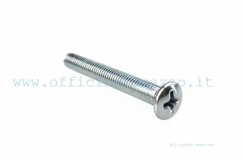 Vite M5x40 in acciaio zincato 4.8, con testa bombata svasata e impronta a croce, per scatola contatti Vespa PX, T5 e applicazioni compatibili.