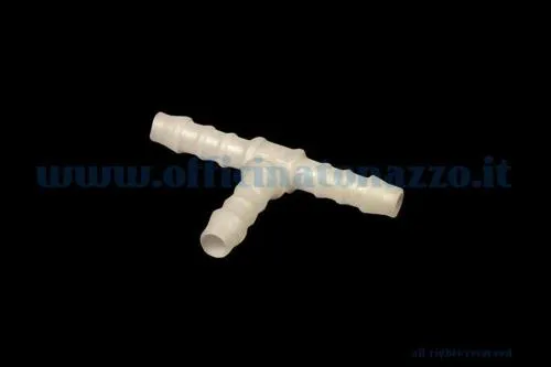 Raccordo a T 6x6x6 mm per tubazioni benzina compatibili. Tre attacchi uguali, distinto dalle varianti 6x6x4 mm e 8 mm.
