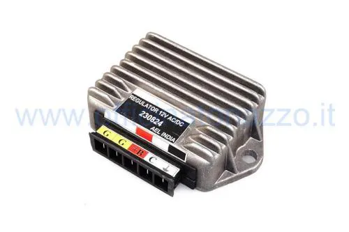 Regolatore-raddrizzatore 12 V 20 A a cinque poli per Vespa PX con batteria e avviamento elettrico. Confrontare terminali e schema.