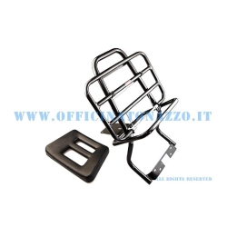 Portapacchi posteriore Faco 0203 nero con schienale per Vespa PX e PE. Verificare punti di fissaggio e ingombri prima del montaggio.