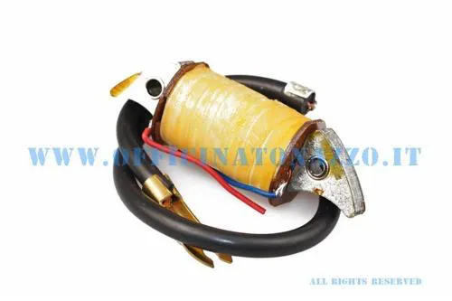 Bobina alta tensione interna CIF 7081 a doppio isolamento per Vespa 50: interasse 58 mm, fori 5 mm, due cavi rosso e blu.