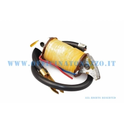 Bobina alta tensione interna CIF 7081 a doppio isolamento per Vespa 50: interasse 58 mm, fori 5 mm, due cavi rosso e blu.