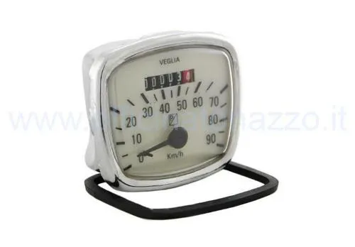 Contachilometri originale Piaggio 083205 per Vespa 125 VNA e VNB: scala 90 km/h, corpo trapezoidale 72x62 mm e attacco da 2,7 mm.