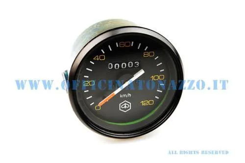 Contachilometri originale Piaggio, diametro 85 mm, scala 120 km/h e quadrante nero per Vespa P e PX prima serie compatibili.