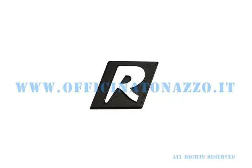 Targhetta anteriore R cromata SIP 93508000 per Vespa 125 GTR VNL2T, telai 100001-127357. Due pioli con interasse 19 mm.