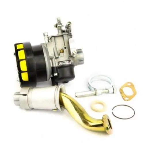 Kit Pinasco SHBC 19/19 con collettore rigido a due fori, filtro e accessori per Vespa 50, 90, Primavera ed ET3 compatibili.