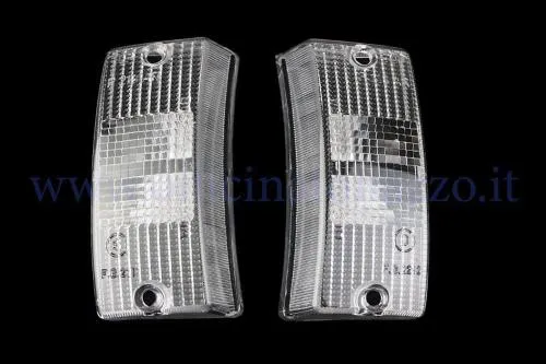 Coppia lenti anteriori bianche Bosatta RP275/BI per frecce Vespa PX, PE e T5. Corpi luminosi destro e sinistro, senza basi e lampade.