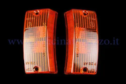 Coppia lenti frecce anteriori arancioni CIF RP275/CP per Vespa PX, PE e T5. Corpi luminosi destro e sinistro, senza basi e lampadine.