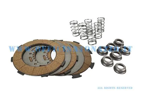 Kit Pinasco per frizione Vespa a 6 molle: 3 dischi in sughero, 2 infradischi, 6 molle rinforzate e bicchierini forati.