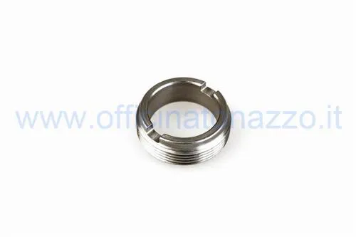 Ghiera cuscinetto mozzo anteriore Vespa 50, 90, Primavera ed ET3: M34x1,5 sinistra, foro 25 mm, altezza 12 mm e quattro intagli.