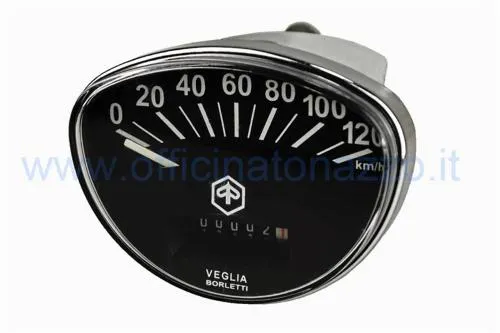 Contachilometri ovale 81x61 mm con fondo nero, scala 120 km/h, corpo metallico e attacco cavo 2,7 mm per Vespa classiche compatibili.