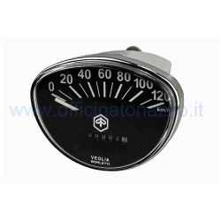 Contachilometri ovale 81x61 mm con fondo nero, scala 120 km/h, corpo metallico e attacco cavo 2,7 mm per Vespa classiche compatibili.