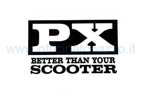 Adesivo decorativo Vespa PX con scritta Better than your scooter, formato 106 x 66 mm, da applicare su una superficie liscia pulita e asciutta.