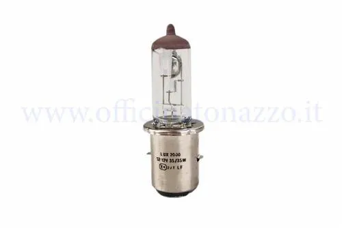 Lampada alogena biluce 12 V 35/35 W con innesto a baionetta per fanali Vespa tradizionali. Verificare tensione, zoccolo e pioli.