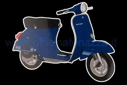 Adesivo blu Vespa ET3/Primavera 70066930, formato 105 x 85 mm. Grafica decorativa da applicare su una superficie liscia e ben preparata.