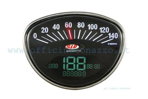 Strumento SIP Performance 2.0 50000630 digitale e analogico, quadrante nero, 140 km/h, 14.000 giri/min e 20 funzioni per Vespa classiche.