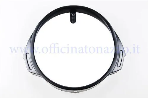 Cornice faro anteriore CIF 7394-N in alluminio nero Ø160 mm per Vespa P/PX/PE 80-200 compatibili. Verificare diametro e punti di fissaggio.