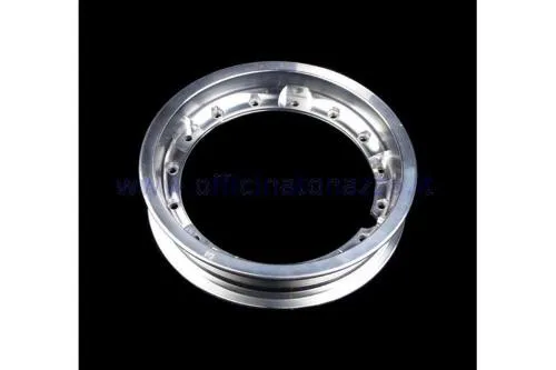 Cerchio Pinasco Modular Tubeless scomponibile 2.10x10 in alluminio lucidato, con tenuta O-ring e omologazione TUV per Vespa compatibili.