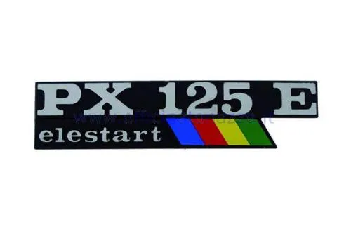Targhetta cofano PX 125 E Elestart con grafica multicolore, due perni e interasse 105 mm. Per Vespa PX125E Arcobaleno Elestart.