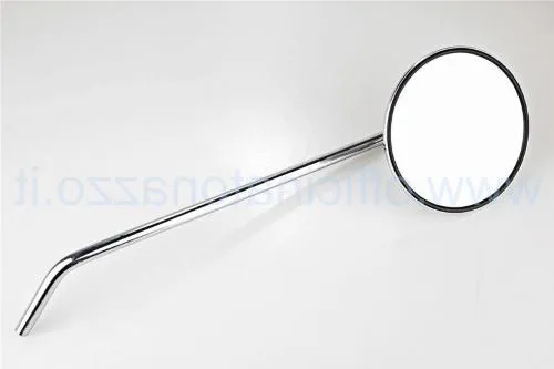 Specchietto destro RMS 122770790 per Vespa PX: forma rotonda, finitura cromata e asta liscia per il supporto sopra il manubrio.