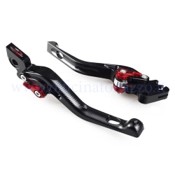 Pair of PM PRO levers in black anodised aluminium, machined from solid, adjustable for Vespa PX with disc brake