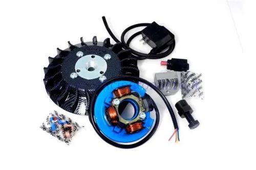 Encendido Parmakit de avance variable con cono 19 - 1,0 kg con volante mecanizado en un solo bloque para Vespa 50 - ET3 - Primavera - PK (ventilador con aspecto de carbono)