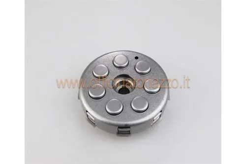 Frizione completa Vespa T5 con quattro dischi, sette molle, pignone Z20 e flangia da 107 mm. Verificare primaria e quote del gruppo.