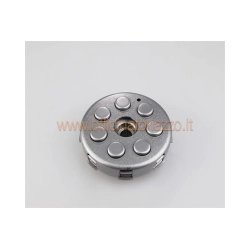 Frizione completa Vespa T5 con quattro dischi, sette molle, pignone Z20 e flangia da 107 mm. Verificare primaria e quote del gruppo.