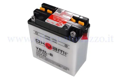 Batteria convenzionale 12 V 5 Ah per Vespa PK predisposte, fornita senza acido e con dimensioni 117x59x130 mm. Controllare polarita' e terminali.