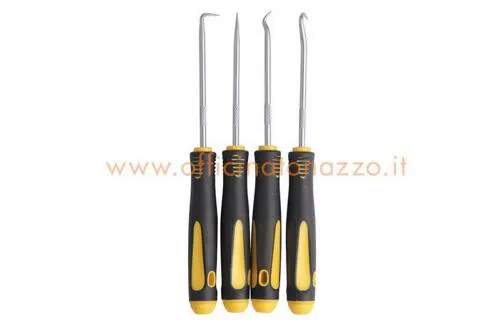 Set BikeService BS0230 con 4 uncini lunghi in acciaio inox: diritto, gancio, 45° e 90°. Per O-ring, paraoli, coppiglie e componenti in sedi profonde.