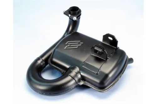 Marmitta Polini Original 200.2022 in acciaio nero per Vespa PE e PX 200 2T, con configurazione tipo serie e silenziatore interno.