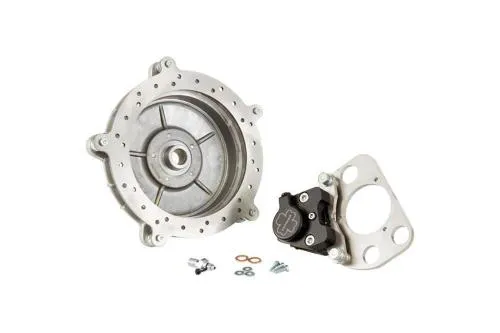 Kit freno posteriore idraulico Crimaz DF1036-PLAR con disco perimetrale, tamburo stile originale e pinza per Vespa Largeframe compatibili.