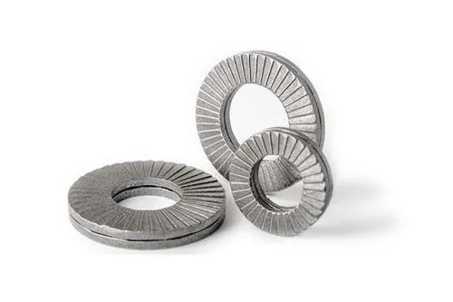 Coppia di rondelle Nord-Lock NL8 per viti M8: foro 8,7 mm, esterno 13,5 mm e spessore 2,5 mm. Sistema a cuneo per giunti vibranti.