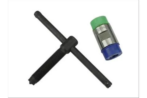 Estrattore con filetto esterno destro M28×1 e vite di pressione centrale per volani Vespa Primavera, ET3 e PX predisposti con sede compatibile.
