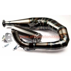 Marmitta racing SIP Performance 2.0 22110CA in acciaio trasparente, uscita sinistra e silenziatore carbonio per Vespa Largeframe 80-150 cc.