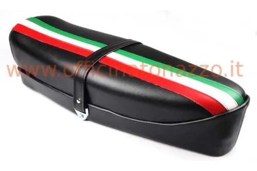 Sella biposto DIEFFE P0030FTN nera con fascia tricolore e apertura a levetta, per Vespa 50 classiche, Primavera ed ET3 compatibili.