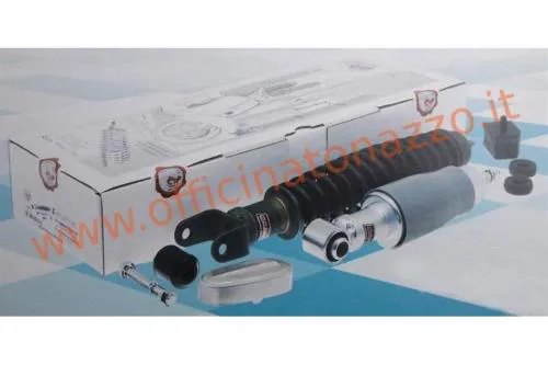 Kit Carbone 10700-KT per Vespa 50, 90, Primavera ed ET3: ammortizzatore anteriore grigio, posteriore fosfatato, tamponi e supporti inclusi.